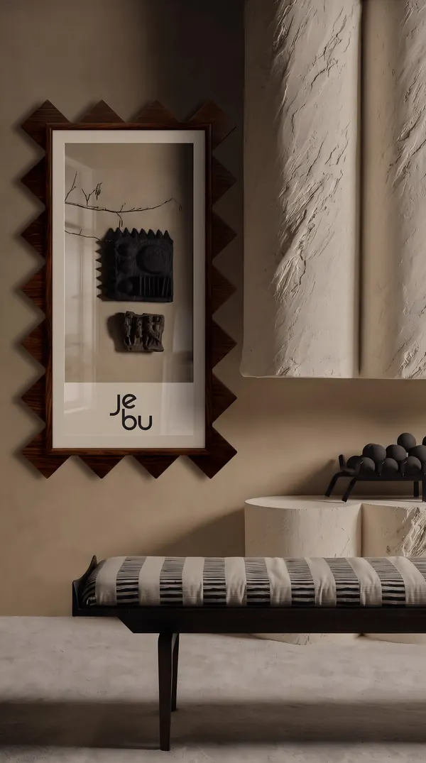 Zikzak kenarlı çerçeve içinde JEBU logolu poster ve oturma bankı