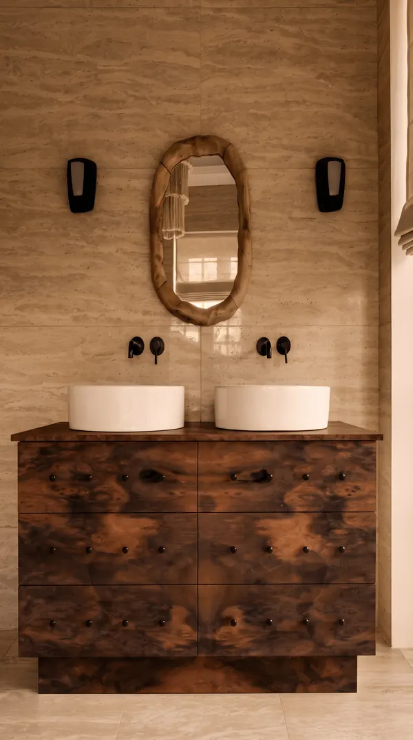 Kök ceviz kaplamalı çift lavabolu banyo dolabı